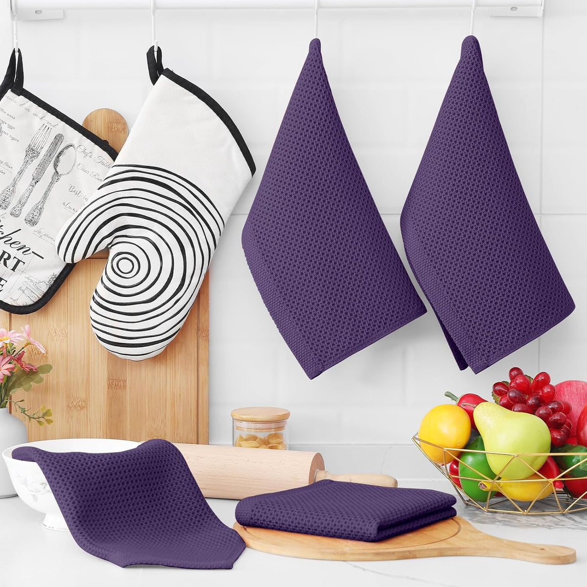Homaxy 100% Cotton Waffle Weave Kitchen Dish Cloths, Ultra Soft Absorbent Quick Drying Dish Towels, 12 x 12 Inches, 6-Pack, Eggplant
