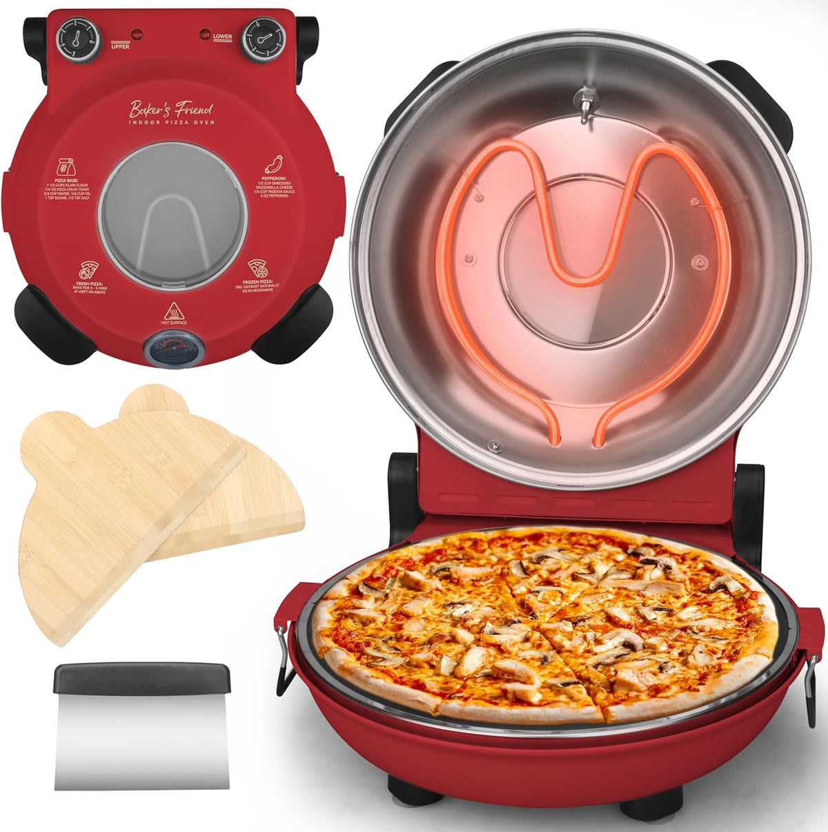 Baker’s Friend Electric Pizza Oven Indoor Countertop, 12 Inch Pizza Maker Machine for Home, Pizza Cooker & Pizza Grill, Premium Glazed Ceramic Stone Pizza Oven, Chilli Red
