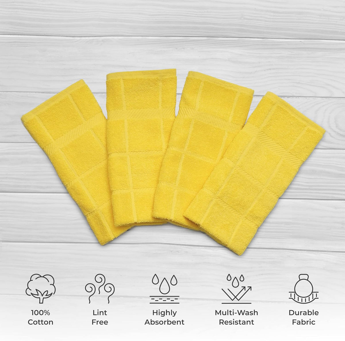 100% Cotton Terry Dish Towels, 4 Pack Plain, 16 x26 Inches, Super Soft and Absorbent Kitchen Towels, Perfect for Kitchen Cleaning and Dish Washing | Yellow