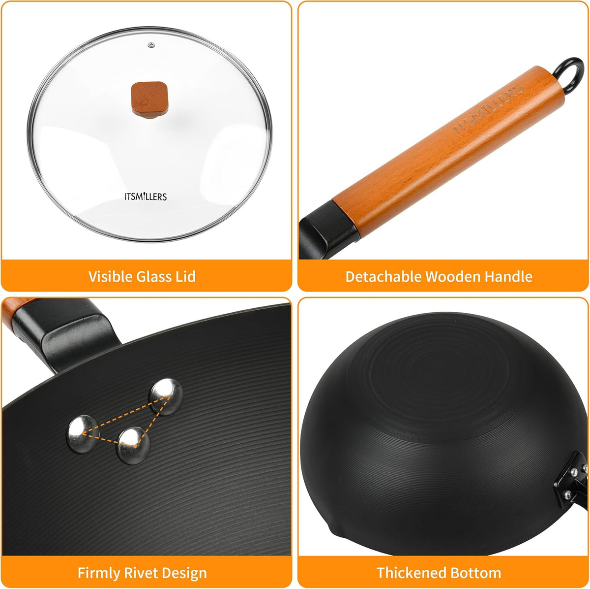 12.5-Inch Carbon Steel Wok with Lid – Pre-Seasoned Flat Bottom Stir-Fry Pan, Nonstick Wok for Induction, Gas, Electric & All Stovetops – Chinese Wok with Glass Lid