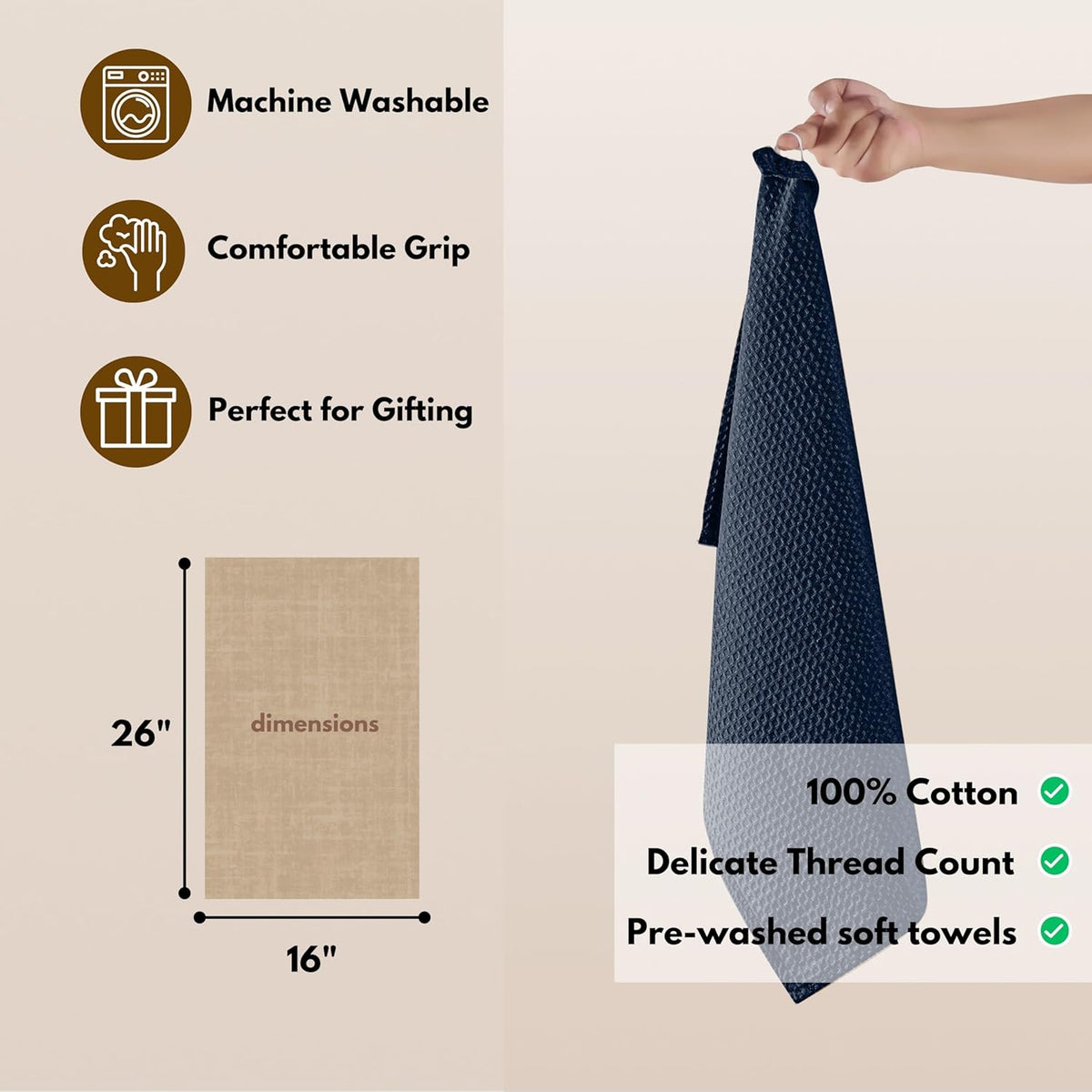 Native Fab Cotton Kitchen Towel with Hanging Loop 16x26 inches, 4-Pack, Waffle Weave Kitchen Towels for Cleaning Drying, Washcloths Soft & Absorbent Cloth Rags, Bar Towel, Dish Cloth, Navy
