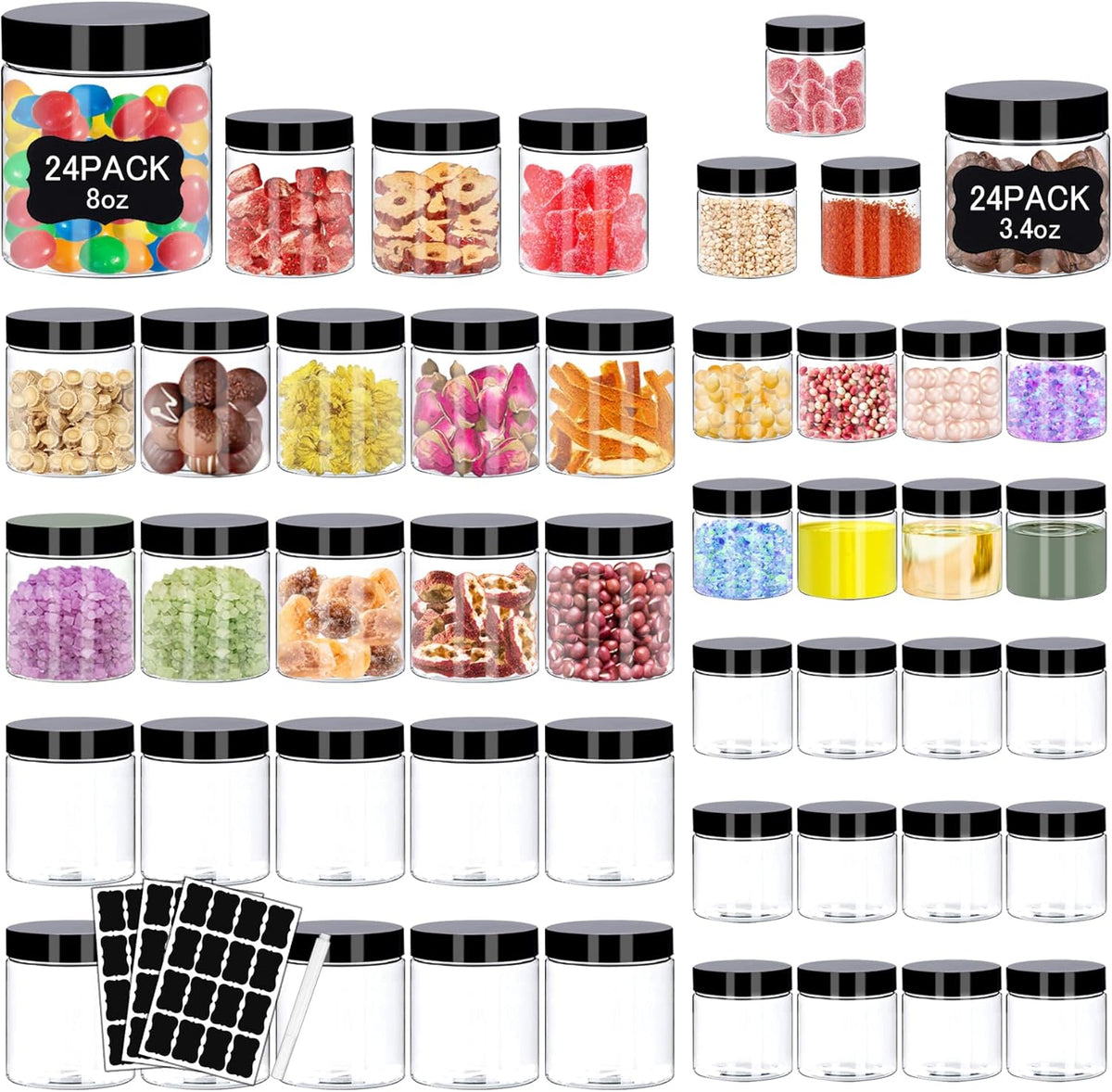 Plastic Jars with Lids 48 Pcs 8 oz & 3.4 oz Clear Plastic Slime Storage Jars Containers with Airtight Black Screw On Lids Cylinder Clear Round Jar Easy Clean Food Grade Durable Jar