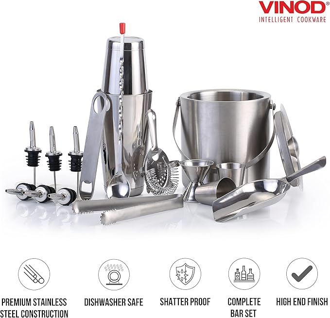 Vinod Stainless Steel Cocktail Set | 17 Piece Bar Accessories Set | 26 Ounce Boston Shaker w/Strainer Rubber Pourers Bar Jigger, Cocktail Spoon & More | Drink Mixer Bar Set | Bartender Kit