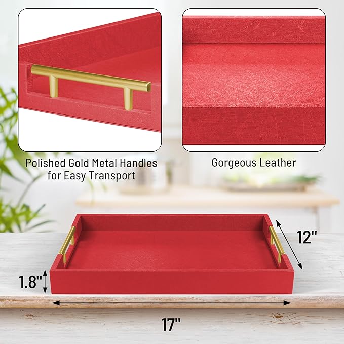 17" x 12" Wood Serving Tray with Gold Polished Metal Handles, Home Decorative Wooden Rectangle Ottoman Leather Decor Platter Bathroom Vanity Tray for All Occasions Red