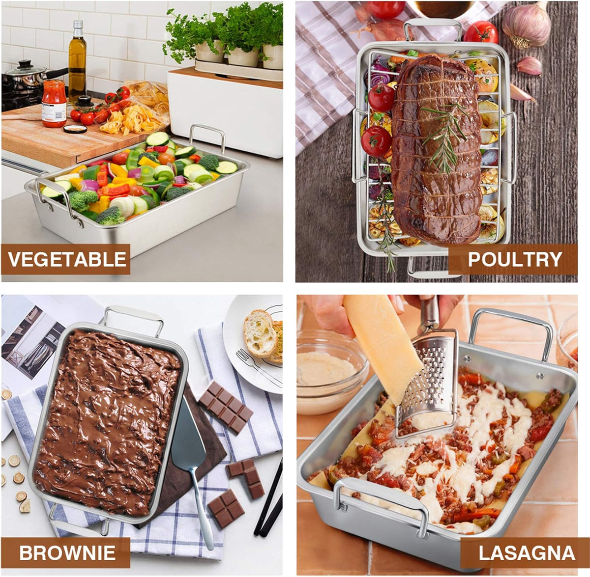 P&P CHEF 14" Roaster Roasting Pan with Baking Rack and V-shaped Rack, Stainless Steel Rectangular Lasagna Pan with Handles for Turkey Chicken, Healthy & Dishwasher Safe, 3 Pieces, Silver