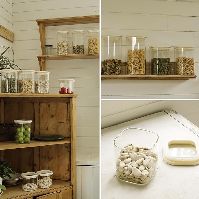 8pcs Square Pantry Glass Jars with Clear Airtight Lids Kitchen Canisters Sets for Flour, Sugar Refrigerator Safe, Available in 2 Sizes: 40oz / 54 oz, Patent Approved