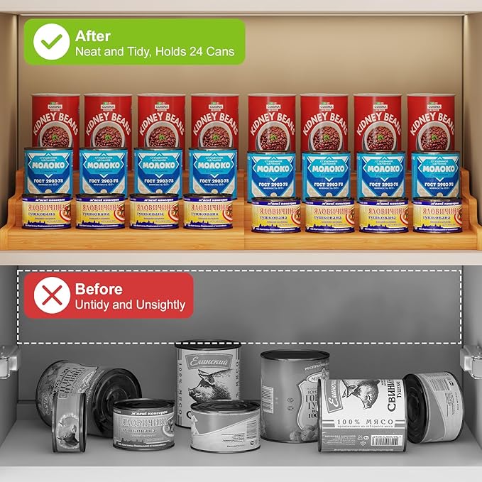 Expandable Bamboo Can Rack Organizer for Pantry, 3-Tier Adjustable Can Storage Holder, Soda Organizer Holds Up to 24 Cans, Canned goods Storage Display for Pantry, Cabinet, Countertop (patent pending)