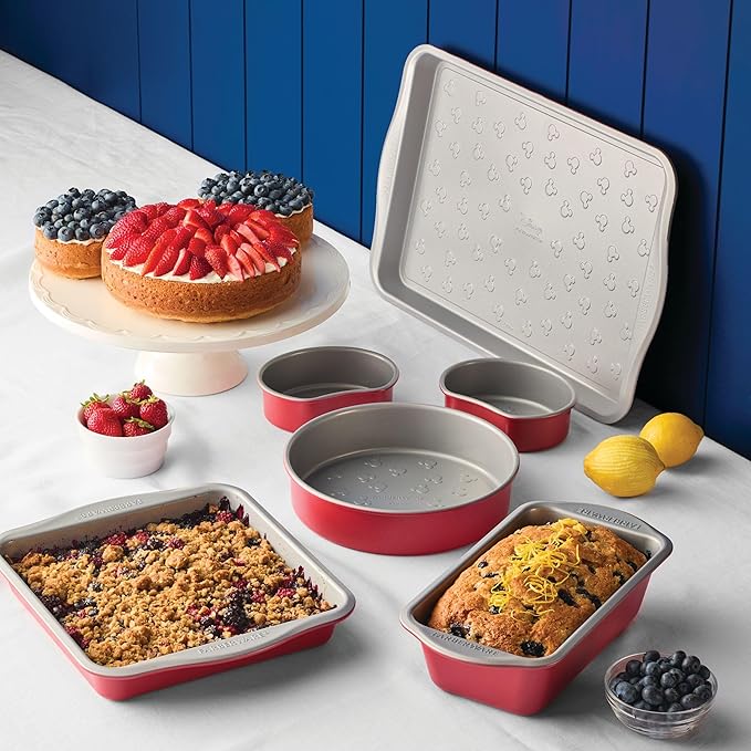 Farberware Disney Bake with Mickey Mouse Nonstick Bakeware Cake Pans, Baking Sheet, and Loaf/Meatloaf Pan, 6 Piece Non Stick Bakeware Set - Red