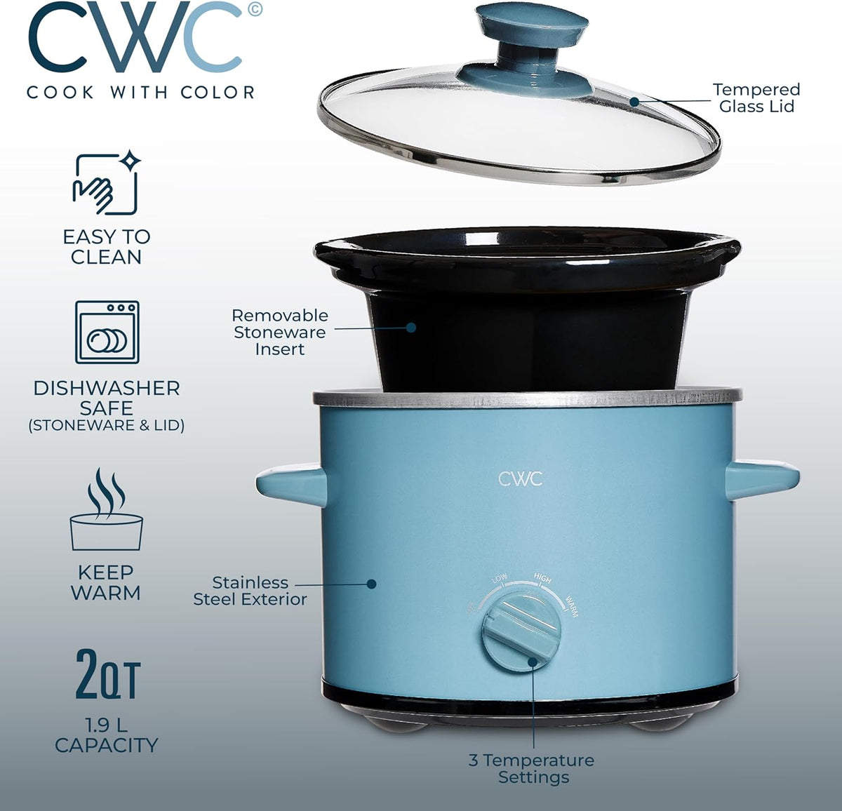 COOK WITH COLOR 2QT Mini Electric Round Slow Cooker - Adjustable Settings, Removable Stoneware Pot, Tempered Glass Lid, Dishwasher Safe, Cool-Touch Side Handles, Slate Blue