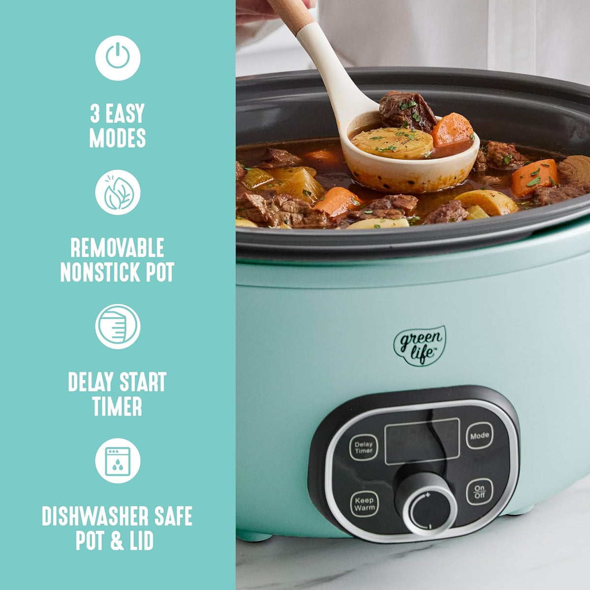 GreenLife 6 Quart Ceramic Slow Cooker, PFAS-Free, Programmable, Removable Healthy Nonstick Pot for Family Meals, Sear on Stovetop, Keep Warm, Digital Timer, Dishwasher Safe Glass Lid, Turquoise