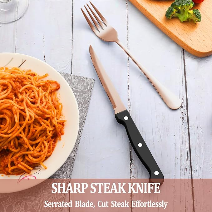72 Pcs Rose Gold Silverware Set with Steak Knives Service for 12,Stainless Steel Flatware Set,Mirror Polished Cutlery Utensil Set, Kitchen Eating Tableware,Include Fork Knife Spoon Set,Dishwasher Safe