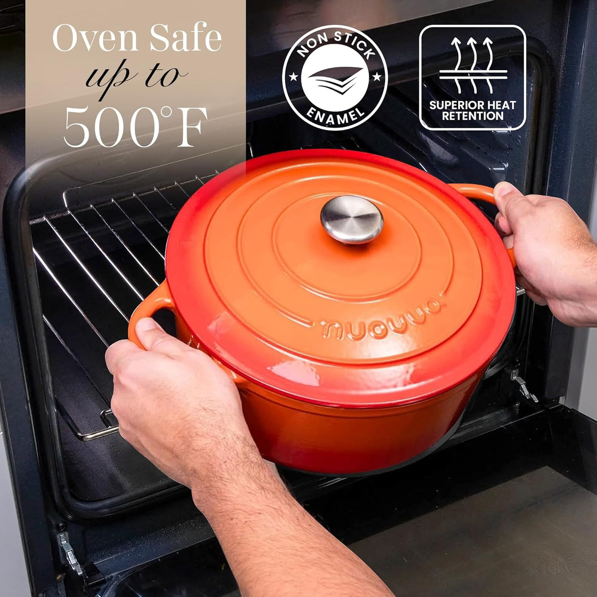 Nuovva Enamelled Cast Iron Dutch Oven Pot with Lid – 6.4 Quart Non Stick Casserole Pot – Heavy Duty & Oven Safe up to 500° F for Bread Baking, Braising, Stews, Roasting – 28cm Orange