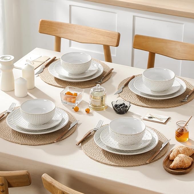 MALACASA 12 Pieces Dinnerware Sets, Modern Relief Design Plates and Bowls Sets, White Dish Set for 4, Kitchen Ceramic Dinner Plates Dishware Set, Microwave and Dishwasher Safe, Series LYDIA