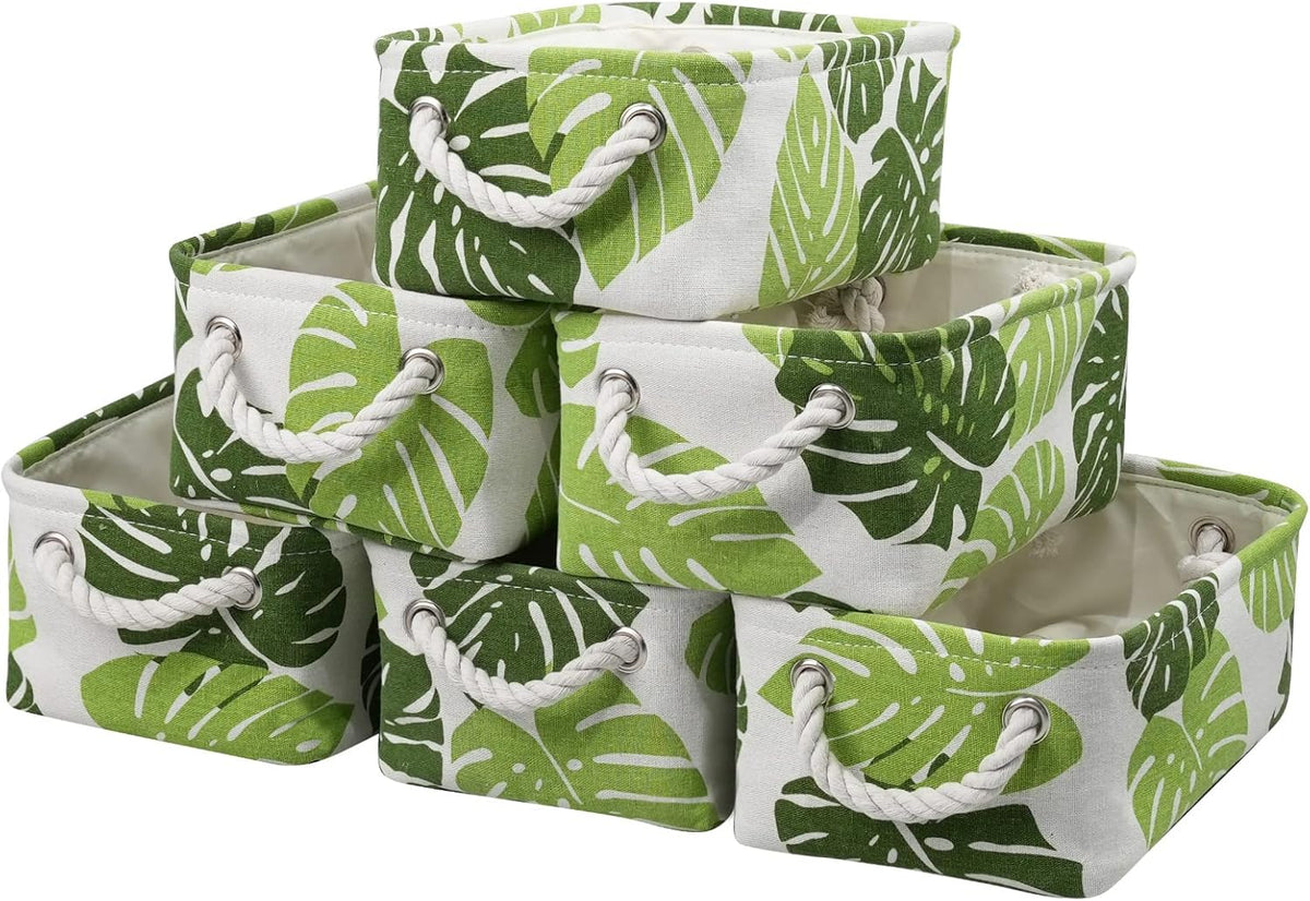 Organization and Storage Basket for Shelves - Small 6 Pack Fabric Storage Bin Collapsible Baskets for Organizing with Handle for Cloth Decorative Laundry Canvas (Banana Leaf 12x8x5.2 inch)