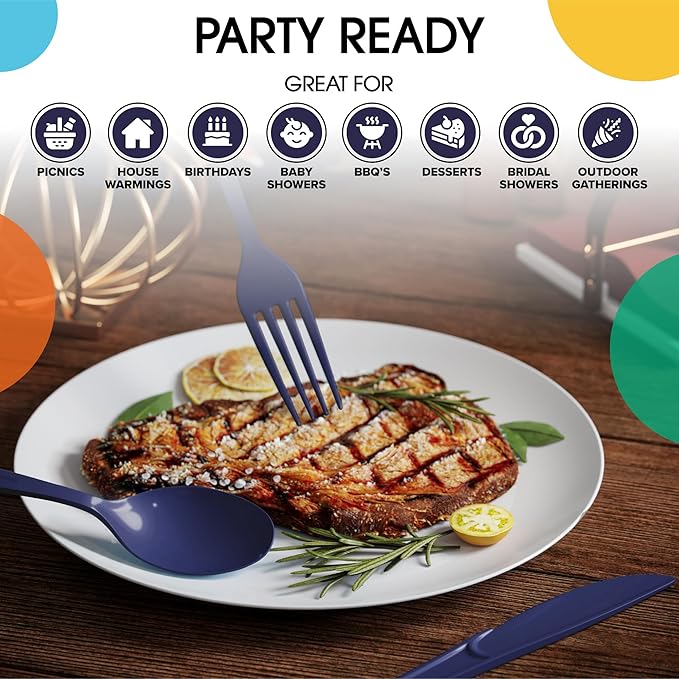 Party Solids Dark Purple Plastic Silverware Heavy Duty 150 Pcs Dark Purple Plastic Cutlery Sets, Utensil Sets, 50 Of Each Forks, Knives & Spoons Disposable Cutlery Set, Flatware Set For Party Supplies