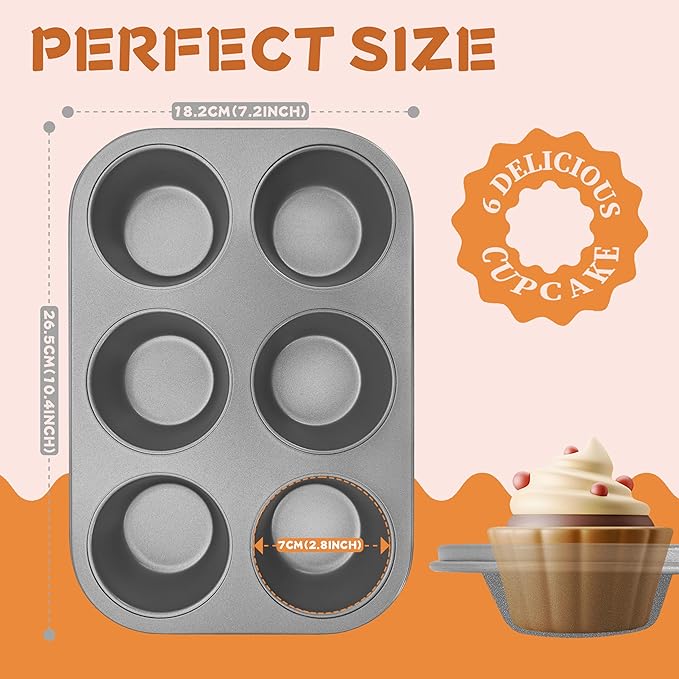 Satax Muffin Pan for Baking, Nonstick Cupcake Tin 6 Cup,sets of 2,Heavy Duty Steel Muffin Pan (Silver, 6-cup)