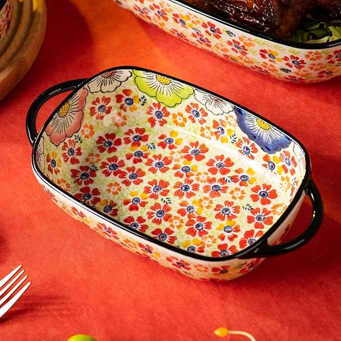 Retro pastoral style Ceramic Baking Dish Rectangular Bakeware Set Baking Pan, 2-piece Hand-painted Porcelain Baking pan with handle, Casserole Dish for Oven/Cooking/Kitchen (Romantic Flower)