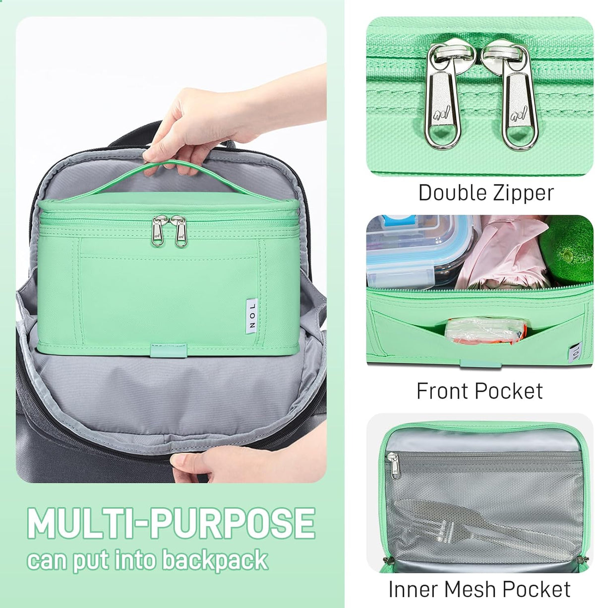 NOL Natural Organic Lifestyle Small Lunch Bag Mini Lunch Box Insulated Lunch Bag for Men/Women Leakproof Cooler Tote Bag Lightweight Nylon Waterproof Lunch Box For Work,Mint green