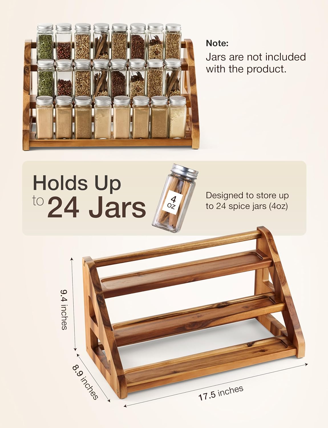 Tinamo Acacia Wood Spice Rack for Countertop - Wooden Tray Holds 24 Jars Spice Racks Organizer for Storage Shelf - 3 Tiered Spice Rack Organizer for Cabinet - Spice Shelf for Kitchen Pantry (Acacia)