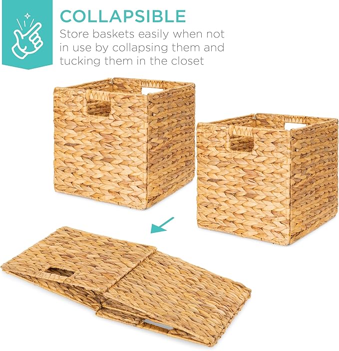 Best Choice Products 12x12in Hyacinth Baskets, Rustic Set Of 5 Multipurpose Collapsible Storage Organizer, Handwoven Laundry Totes for Bedroom, Living Room, Shelves w/Inserts - Natural