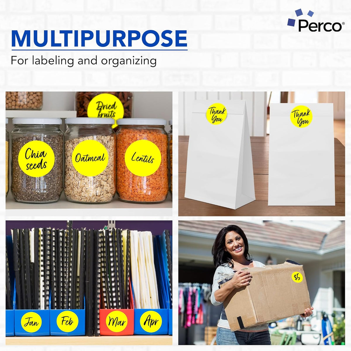 Perco Fluorescent Yellow 3-Inch Round Sticker Labels with Easy Peel Perforation - 500 Labels per Roll - Strong Adhesion, Vibrant Colors for Organizing, Crafting & More - Made in USA