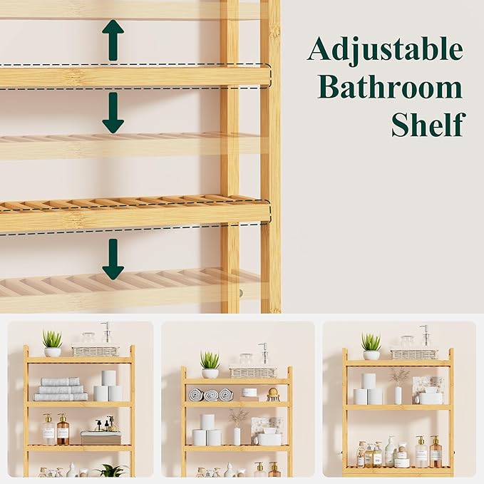 Smiry Over The Toilet Storage Cabinet, 4-Tier Bamboo Bathroom Organizers with Adjustable Shelf & 4 Hooks, Space Saving Shelf Rack for Bathrooms, Laundry Room, Balcony, Natural