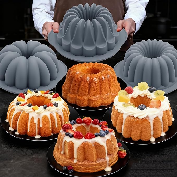 Tongjude 4 Pieces Silicone Fluted Tube Cake Pans, 10 Cups Tube Baking Pan, Jello Mold, Silicone Molds for Homemade Cake, Bread and Jello, Non-Stick, Grey