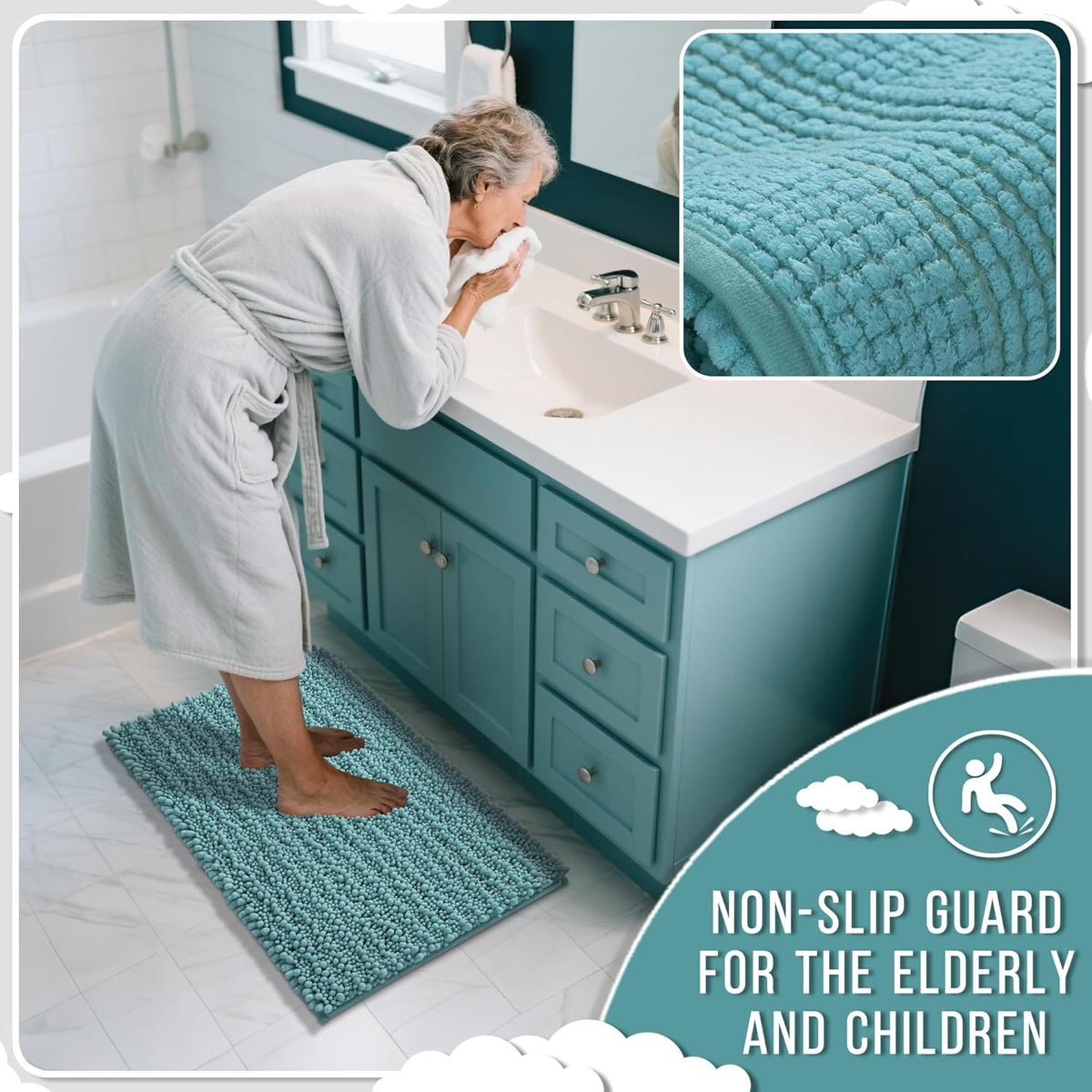 Yimobra Large Bathroom Rugs Non Slip Washable 36x24 Inch - Ultra Soft Absorbent Chenille Bath Mat, Quick Dry Shaggy Floor Carpet for Tub Shower, Teal Blue Home Decor Accessories