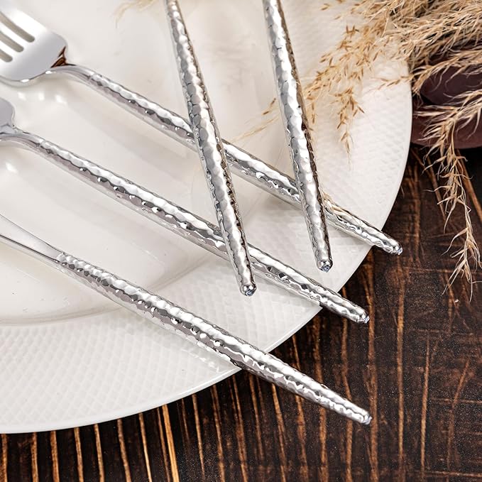 Rubtlamp 90Pcs Silver Plastic Silverware, Hammered Thanksgiving Disposable Silverware,Silver Plastic Forks And Spoons, Fancy Plastic Cultery Include 30 Forks, 30 Knives And 30 Spoons for Thanksgiving