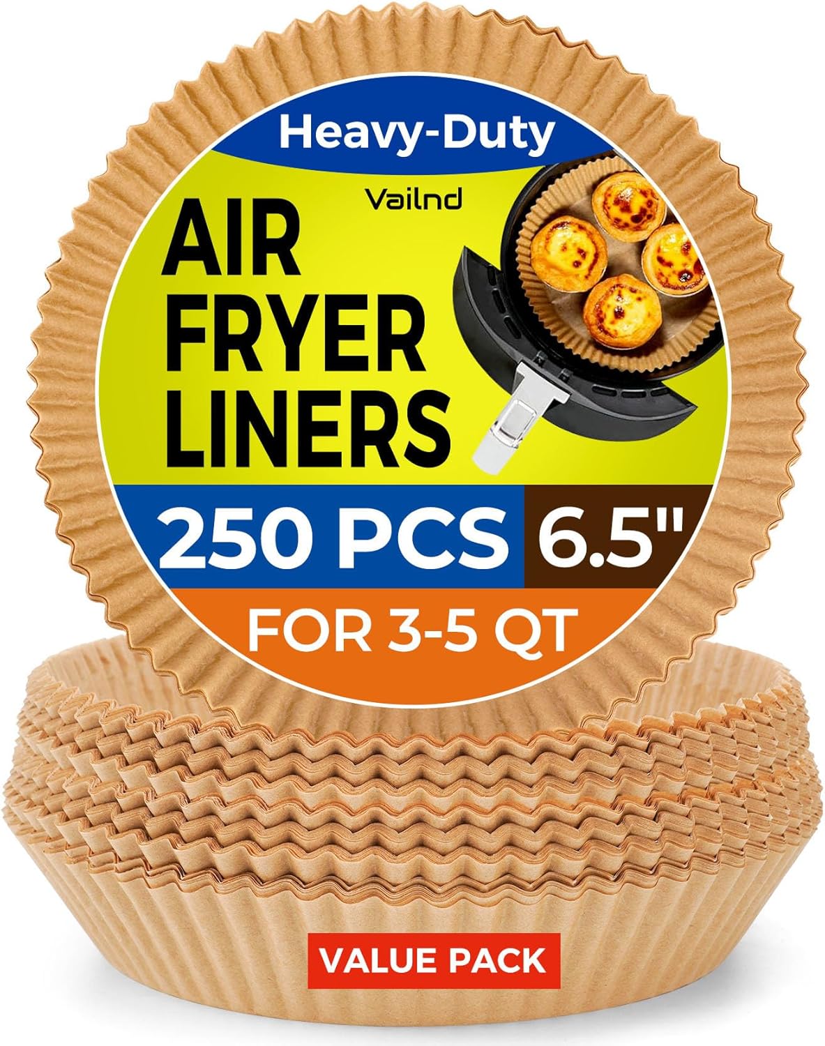 250 Pcs Air Fryer Liners Disposable, 6.5" Round Unbleached Parchment Paper Sheets for Airfryer Basket, Non-Stick & Leakproof Baking Liners for Oven Pan