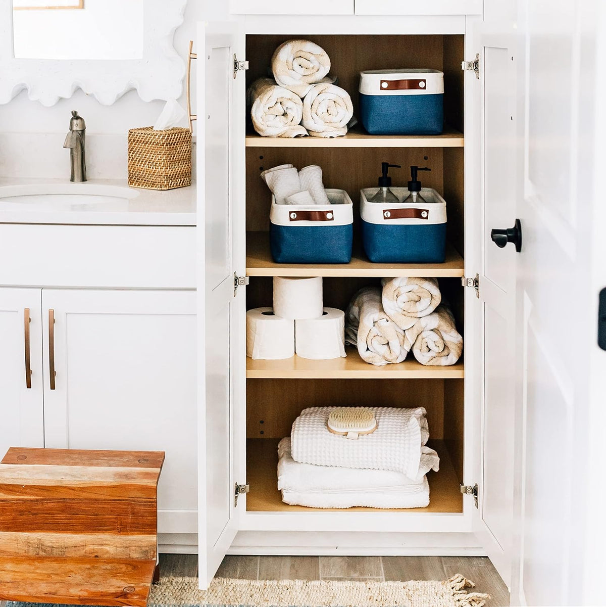 OrganiHaus Small Fabric Storage Baskets for Shelves 3 Pack, 12x8in Closet Storage Bins for Shelves, Cloth Baskets for Organizing, Linen Closet Organizers, Fabric Basket, Navy Blue/White