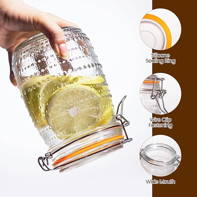 32 Oz Glass Mason Jars with Airtight Lids 6 Pack, Wide Mouth Canning Jars with Clip Top Lids for Kitchen Storage Pickling Salad Jams Coffee Beans