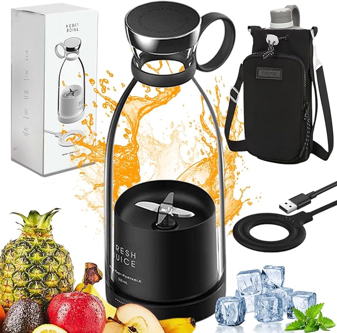 Upgraded Fresh Juice Blender Portable, Juicer Portable Blender Shake, 380ML USB/Magnetic Charging for Shakes and Smoothies, with Travel Cup and Lid (Black,Magnetic charging)