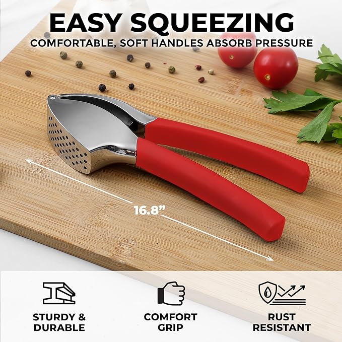 Zulay Kitchen Comfort Grip Garlic Press - Garlic Mincer Tool - Garlic Crusher - Garlic Press Mincer Rust Proof, with Soft Ergonomic Handle, Easy Clean Set with Peeler and Brush - Red