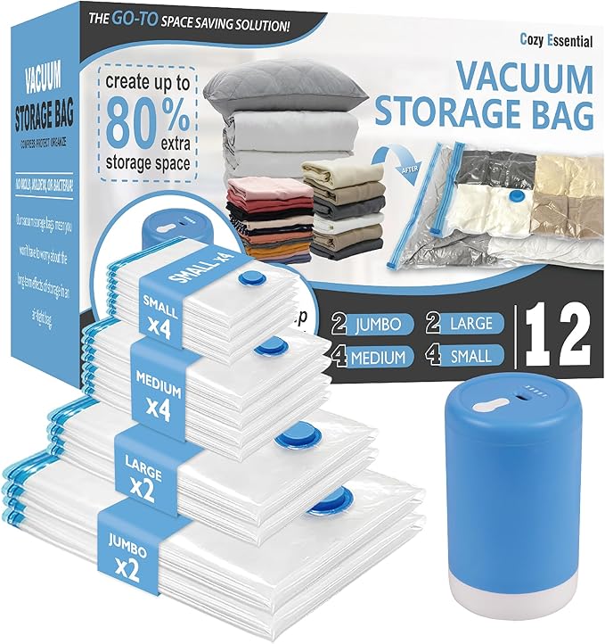 Cozy Essential Travel Vacuum Storage Bags with Portable Electric Pump, Vacuum Seal Space Saver Bags for Clothing and Luggage, 12 Pack