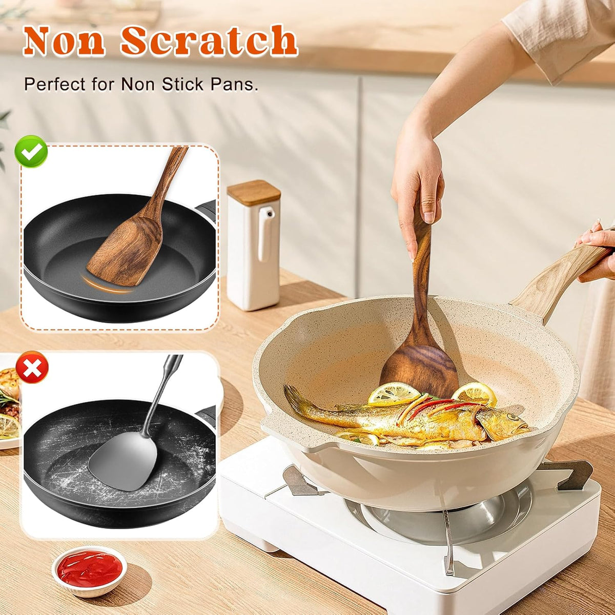 2Pcs Wooden Spatula, Acacia Solid & Slotted Turner Spatula Set, Long Handle Flat Frying Spatulas, Ideal Kitchen Gift for Mother and Grandma, Kitchen Utensils Set for Cooking, Frying, Baking