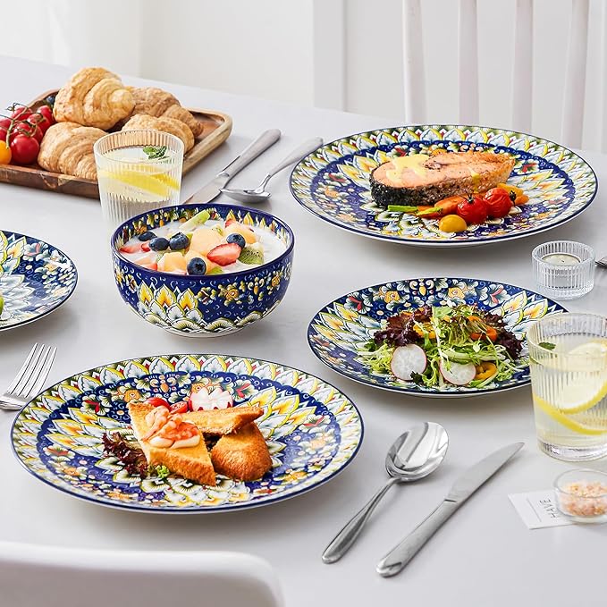 vancasso 12 Pieces Dinnerware Sets, Blue Plates and Bowls Set, Porcelain Dishes Set for 4, Microwave and Dishwasher Safe, Scratch Resistant, Bohemian Style Dining Ware Service for 4, Series SIMI