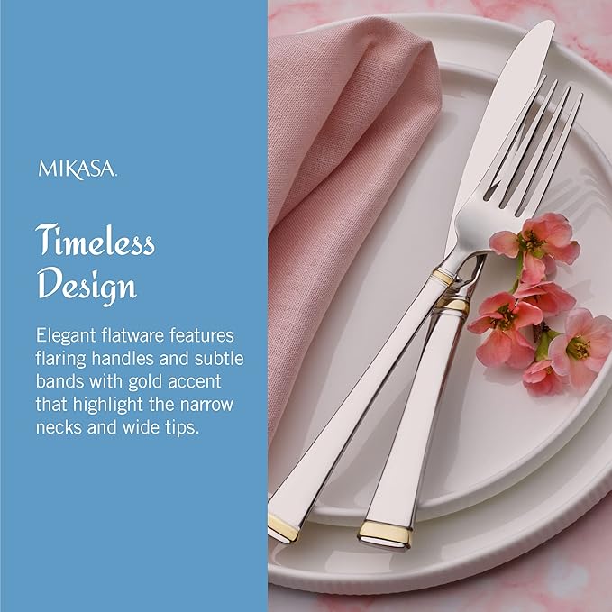 Mikasa Gold Accent Harmony Flatware Set for 12, 65 Piece 18/10 Stainless Steel Silverware with Gold-Trimmed Handles and Serving Utensils, Elegant Dinnerware Service