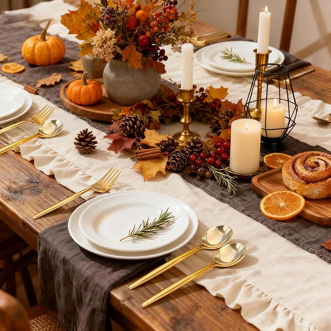 Rubtlamp 90Pcs Gold Plastic Silverware, Gold Disposable Thanksgiving Utensils, Plastic Cutlery Include 30 Plastic Knives, 60 Forks and Spoons, Fancy Plastic Silverware Heavy Duty for Thanksgiving