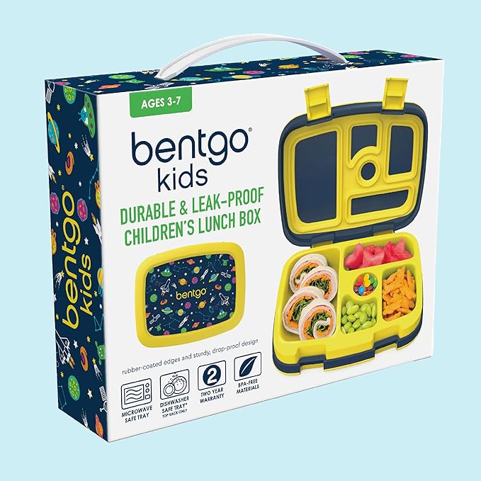 Bentgo Kids Prints Leak-Proof, 5-Compartment Bento-Style Kids Lunch Box - Ideal Portion Sizes for Ages 3-7, Durable, Drop-Proof, Dishwasher Safe, & PFAS & BPA-Free Materials (Space)