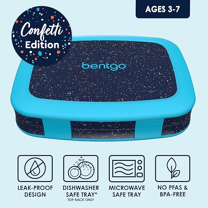 Bentgo Kids 5-Compartment Lunch Box - Confetti Design for School, Ideal for Ages 3-7, Leak-Proof, Drop-Proof, Dishwasher Safe, & Made with PFAS & BPA-Free Materials (Confetti Edition - Abyss Blue)