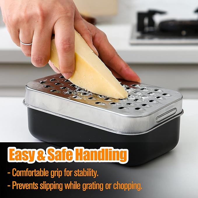 2 In 1 Cheese Grater with Container and Lid Metal Handheld with Storage Box Stainless Steel – Citrus Lemon Zester, Fruit Vegetable Onion Choppers, Airtight Includes Hand Peelers, Grinder, Shredder