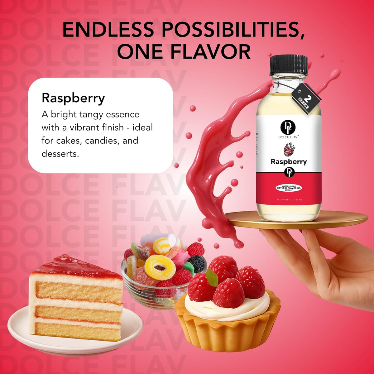 Dolce Flav Raspberry Extract (Oil-Soluble) 8 oz – Kosher, Sugar-Free, Concentrated Raspberry Flavoring for Chocolates, Candies & Baking, Includes Measured Dropper