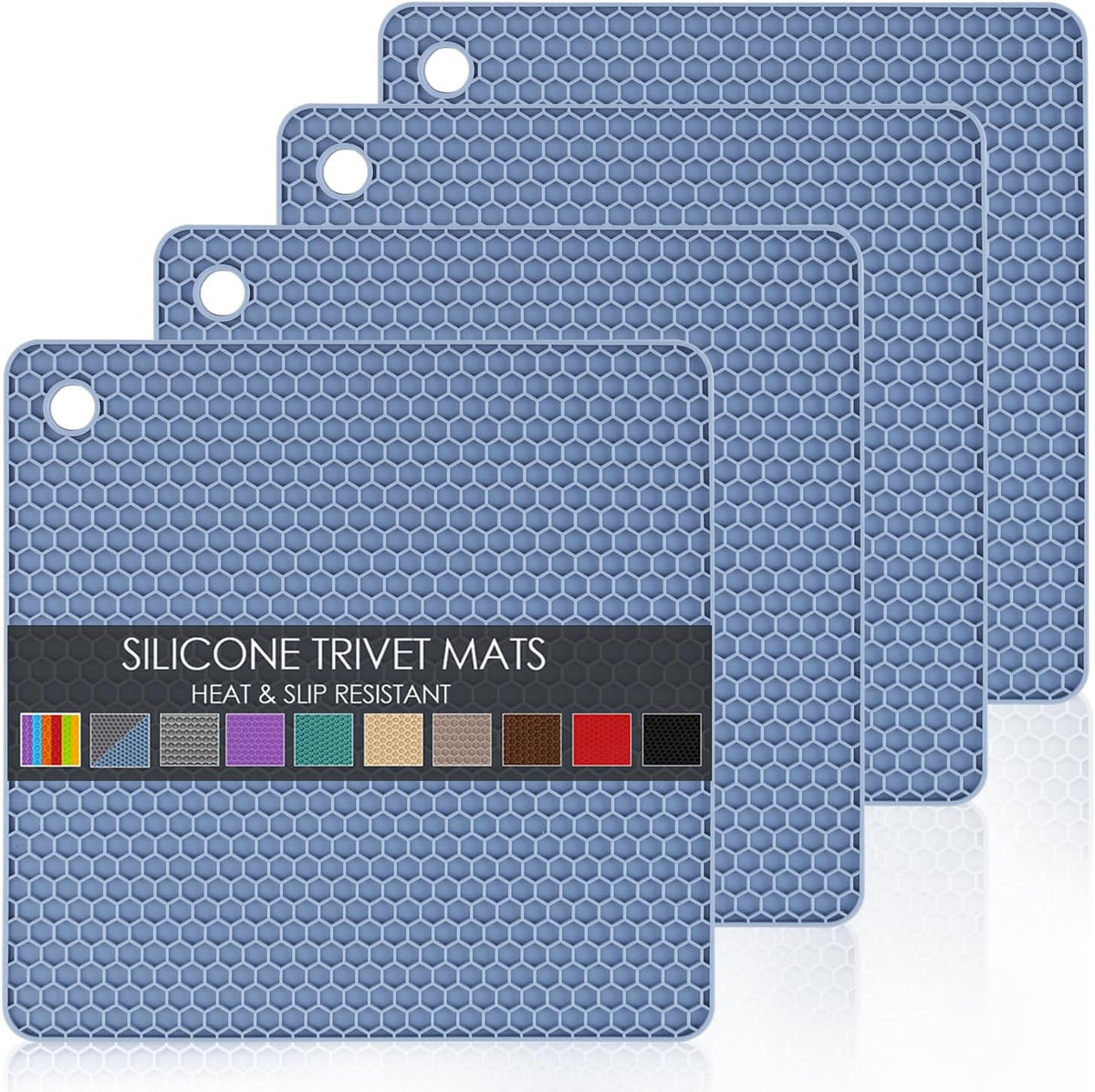 4 Pack Silicone Trivet Mat, Silicone Trivets for Hot Pots and Pans, Non-Slip & Heat Resistant Silicone Hot Pad for Kitchen Counter Mat Set, Soft Drying Mat, Jar Opener and Coasters, Square, Blue