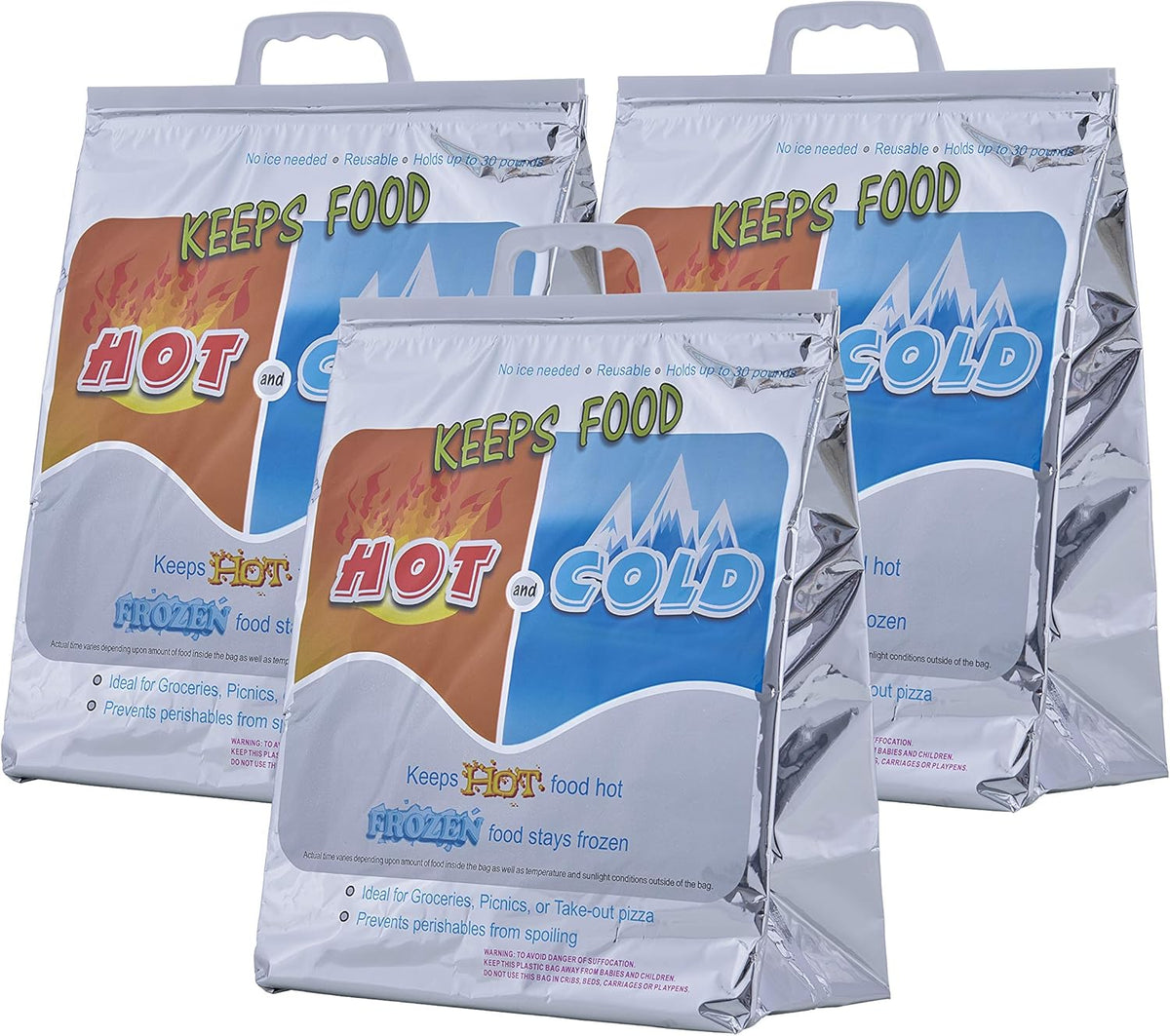 Superio Hot and Cold Insulated Bags for Food Delivery, Grocery Shopping Bags, Food Storage for Hot and Frozen Food for Travel, Disposable Cooler Bag, Reinforced Thermal Lunch Bag (3, 13"x7"x15.5")
