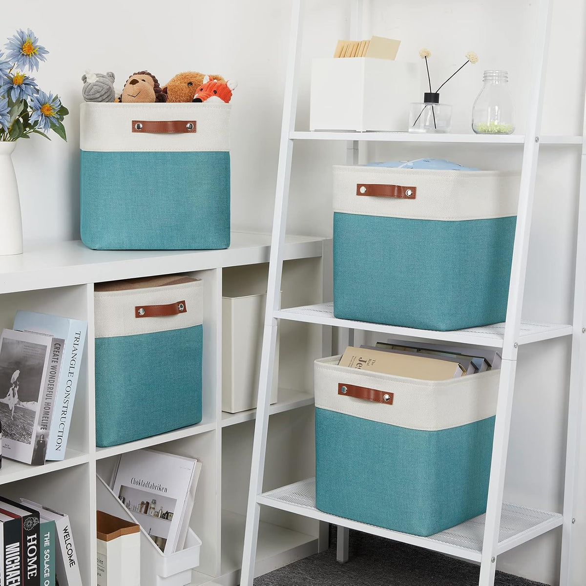 DULLEMELO Square Storage Cubes Baskets for Gifts Empty, 12 inch Cube Stroage Bins Linen Closet Organizers and Storage Baskets for Toy Nursery Shelves Bedroom Storage(4 Pack - 12" White&Teal)