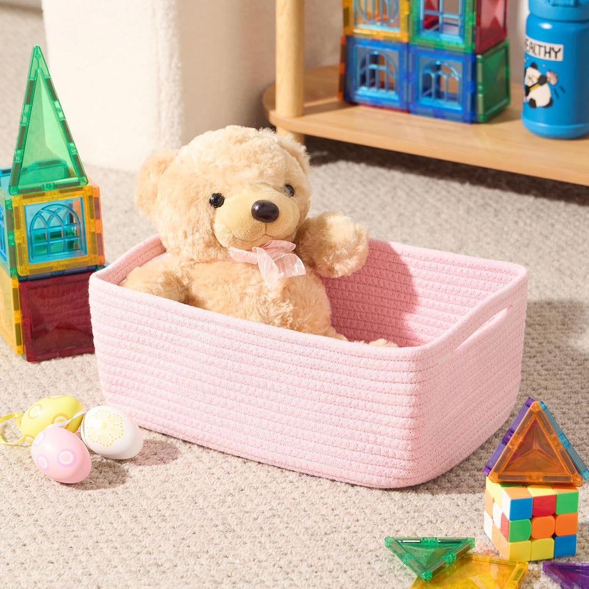 Small Storage Baskets for Organizing | Closet Organizer Bins | Shelf Toy Basket | Woven Rope Baskets | Cube Decorative Box | Shallow Basket | 13x8.5x5.1” | 3 Packs Pink