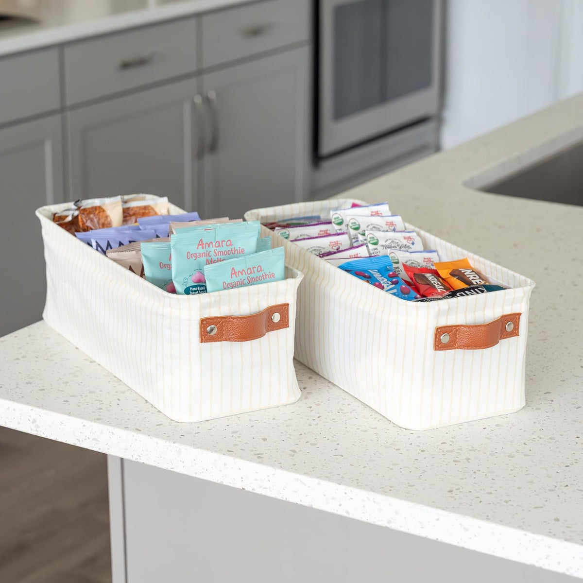 OrganiHaus Narrow Storage Bins 15x06in, Small Closet Bins for Shelves, Bathroom Storage Baskets, Narrow Baskets, Fabric Organizer with Handles, Toilet Paper Organizer - 2 Pack, White w/Brown Stripes