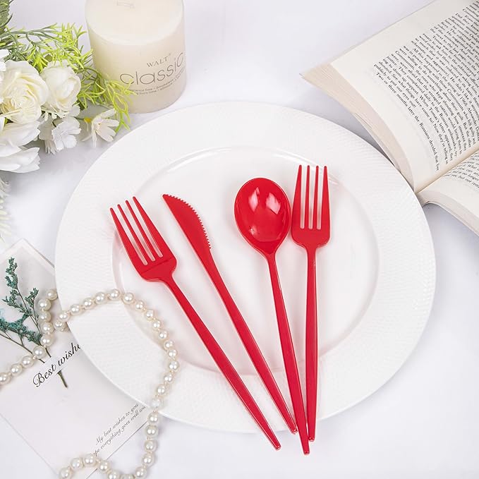 PULOTE 150PCS Red Plastic Silverware Set - Heavy Duty Plastic Cutlery - Red Utensils Disposable Include 50 Forks, 50 Spoons, 50 Knives for Party, Wedding & Mother’s Day