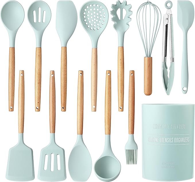 Country Kitchen Non Stick Silicone Utensil Set with Rounded Wood Handles for Cooking and Baking, 14 Piece Set, Mint